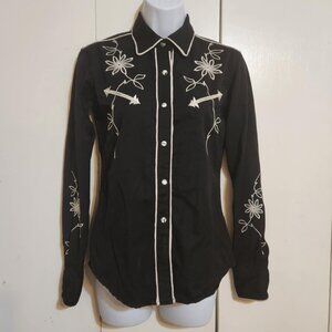 XS Panhandle Slim Black White Pearl Snap Embroidered Retro Western Shirt